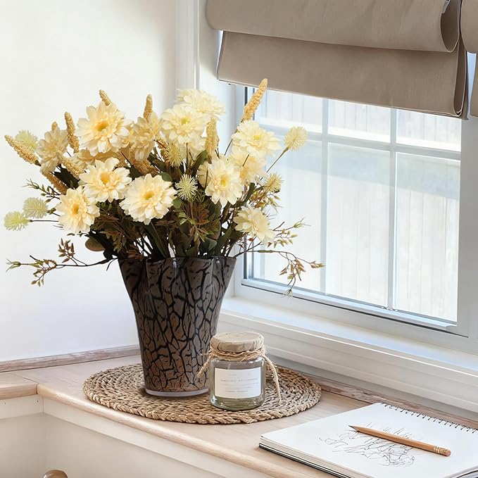 KBREE Artificial Fall Mums Bouquet, 4 Bunches Handmade Faux Daisy Flowers with Grain Stems & Foxtail, 17.7" Natural Farmhouse Mums Bouquets for Autumn Home Decor & Table Centerpieces (Pale Yellow)
