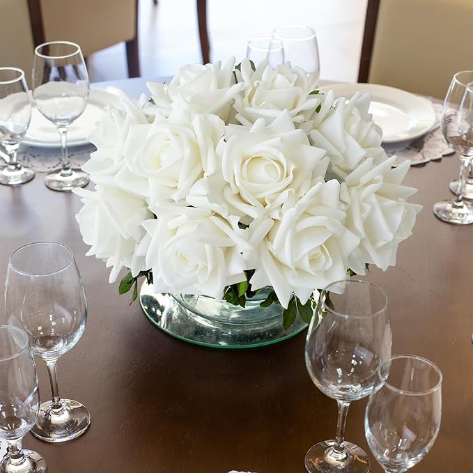 White Flowers Roses Artificial Flowers, 10pcs Soft Real Touch Silk Artificial Roses Stems, Lifelike Faux Rose for Wedding Table Centerpieces Party Home Decoration