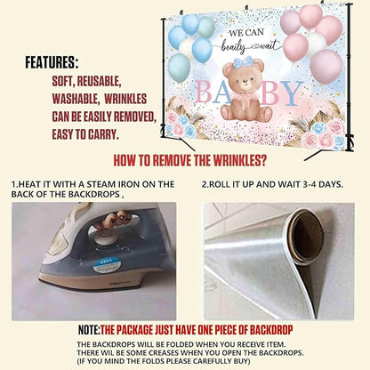 7x5ft Teddy Bear Gender Reveal Party Decorations, We Can Bearly Wait Baby Shower Backdrop, Blue Pink Balloon Floral Banner for Boy or Girl Baby Shower Photography Background