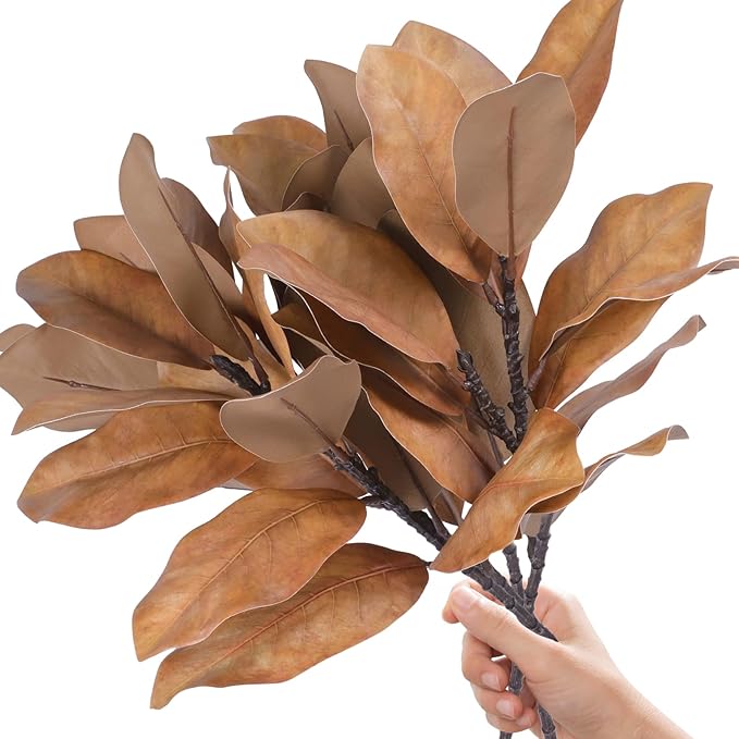 4 Artificial Magnolia Leaf Stems, Real Touch Fake Green Branches for Flower Arrangement, Centerpiece for Indoor and Outdoor Home Dining Tables, Wedding and Party Decorations(Yellow)