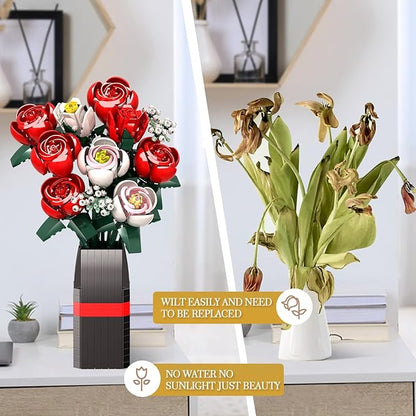 Roses Flower Bouquet Building Kit for Adults, Kids, 841PCS DIY Flowers Bouquet Building Set with Vase, Roses Artificial Flowers Building Set, Gifts Ideas for Anniversaries, Birthday, Wedding