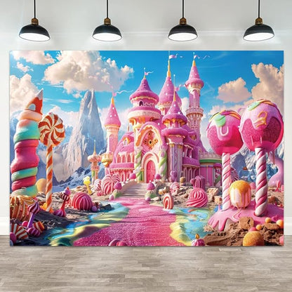 12x10ft Pink Fantasy Castle Backdrop Candy Land Sweet Candy House Photography Background Baby Shower Sweet Girl Princess Birthday Banner Decorations Kids Artistic Portrait Photo Booth Prop