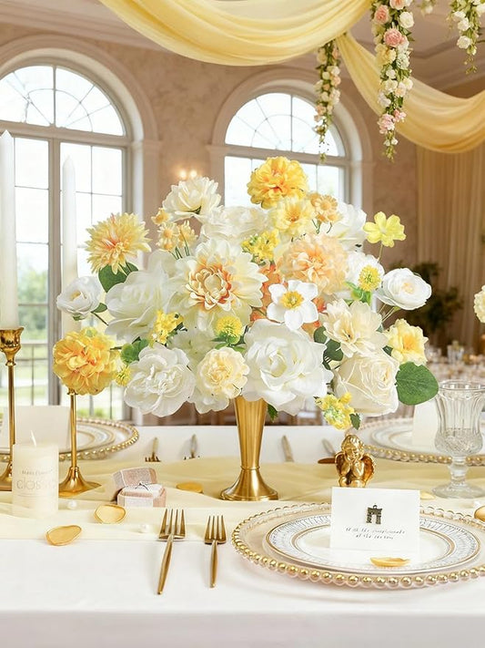 Artificial Flowers Combo Box Set White Yellow Roses Dahlia Fake Silk Flowers with Stems for DIY Wedding Bridal Bouquets,Floral Arrangement,Table Centerpieces,Baby Shower,Home Decorations