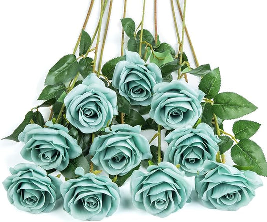 DuHouse 10pcs Fake Roses Artificial Silk Flowers Faux Rose Flower Long Stems Bouquet for Arrangement Wedding Centerpiece Party Home Kitchen Decoration(Dark Teal)