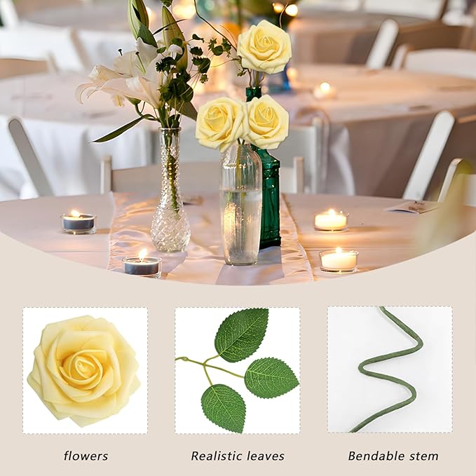 Artificial Flowers Creamy Yellow Roses 50Pcs Real Looking Foam Fake Roses with Leaves for DIY Wedding Bouquets Bridal Shower Party Decorations (Creamy Yellow, 50)