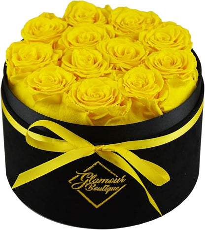GLAMOUR BOUTIQUE Flowers Forever Gift Box 12 Real Preserved Roses in a Velvet Box, Birthday for Her Mom and Wife, Mothers Day, Anniversary, Graduation - Yellow
