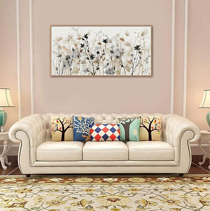 Framed Floral Wall Art Abstract Grey Cream White Grass Flowers Canvas Pictures Modern Landscape Painting Botanical Artwork for Living Room Bedroom Kitchen Office Wall Decor Ready to Hang 20" x 40"