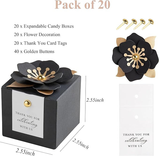 FEIYI 20 PCS Candy Boxes, 3 In 1 Black Favor Boxes with Floral Decor, White Thank You Tags Gift wrapping for Wedding Birthday Baby Shower Decorations Party -2.55x2.55x2.55''