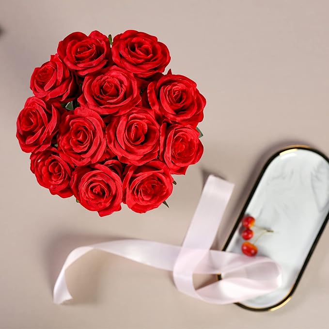 Hawesome 12PCS Artificial Silk Flowers Realistic Roses Bouquet Long Stem for Home Wedding Decoration Party (12pcs-red 1)