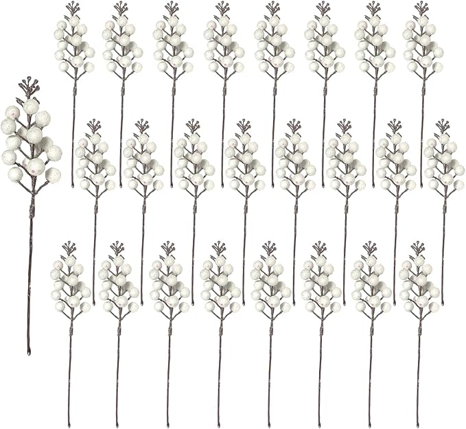 24 Pack Christmas Glitter Berries Stems, 8.66 Inch Artificial Christmas Tree Picks,Holly Berry DIY Xmas Wreath, Crafts, Holiday Clearance and Home Decor, Milk White
