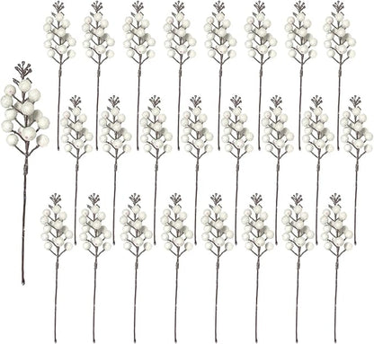 24 Pack Christmas Glitter Berries Stems, 8.66 Inch Artificial Christmas Tree Picks,Holly Berry DIY Xmas Wreath, Crafts, Holiday Clearance and Home Decor, Milk White