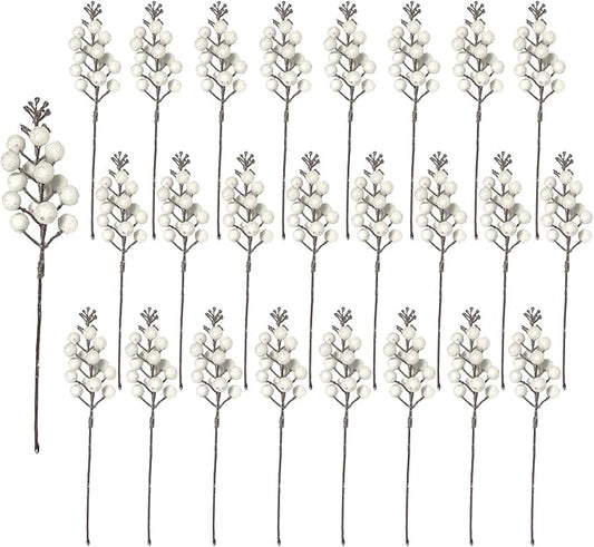24 Pack Christmas Glitter Berries Stems, 8.66 Inch Artificial Christmas Tree Picks,Holly Berry DIY Xmas Wreath, Crafts, Holiday Clearance and Home Decor, Milk White