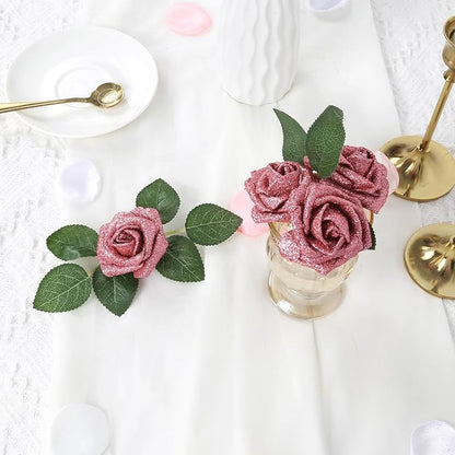 IPOPU Glitter Rose Bouquet,25PCS Sparkle Fake Roses Artificial Flowers Artificial Roses with Stems for Cake Wedding Bouquet Home Party Decoration(Salmon)