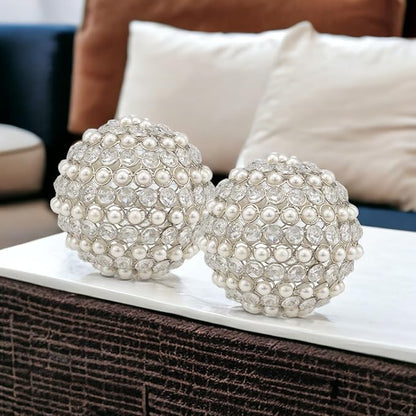 Modern Day Accents 3879 Facetas Perla 5" Silver Cristal & Pearl Spheres - Set of 2, Home Decor, Coffee Table Decor, Decorative Balls, Gem Sphere Ball, Modern Home Decor, Bowl fillers, Gemstone