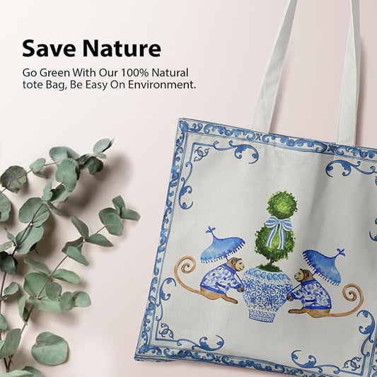 Blue and White Chinoiserie Prints Canvas Tote Bag for Women, Reusable Folding Shopping Bags with Handles