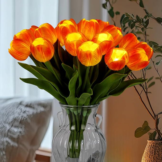 LED Lighted Artificial Tulip Lamp, Real Touch Tulip Flowers, 15 Inch Faux Tulip Bouquet with Battery Operated Lights for Gifts, Home Kitchedn Wedding Decor (Orange)