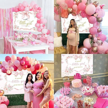 Pink Floral Baby Shower Backdrop Bow Flowers A Sweet Little Girl is on The Way Photography Background Princess Bowknot Girl Gender Reveal Party It’s a Banner with Copper Grommets
