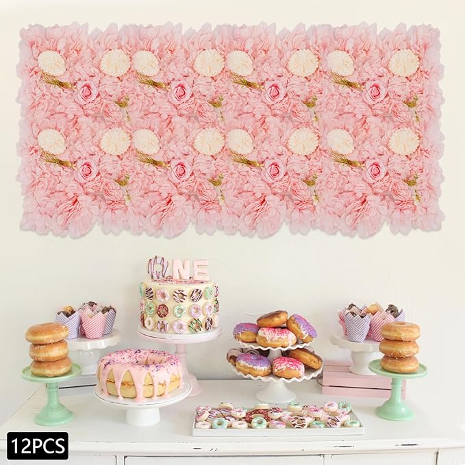 12Pcs Artificial Flower Wall Panel 3D Floral Backdrop Walls 15" X 15" Flower Wall Decor Flower Backdrop Faux Flowers Panel for Party Home Background Decor, Pink/Champagne