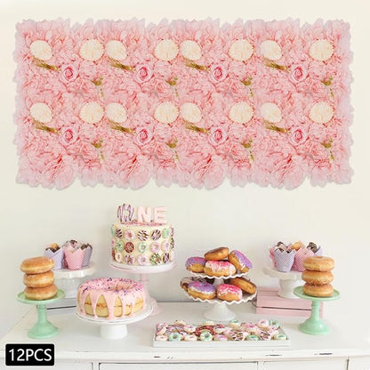 12Pcs Artificial Flower Wall Panel 3D Floral Backdrop Walls 15" X 15" Flower Wall Decor Flower Backdrop Faux Flowers Panel for Party Home Background Decor, Pink/Champagne
