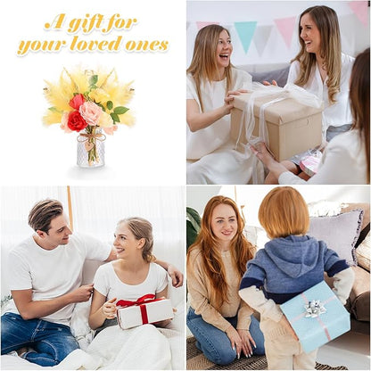 Artificial Flowers with Vase Centerpiece Table Decorations for Dining Room Farmhouse Living Room Table Centerpieces Decor Fake Silk Rose Bouquet in Glass Vase for Centerpiece Home Coffee Table Decor