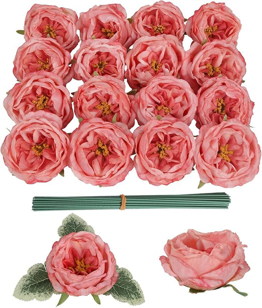 16pcs Peonies Artificial Flowers Head Deep Pink Austin Roses Vintage Burnt Flowers Silk Rose Head with Stems for DIY Flower Wedding Bouquets Centerpieces Home Decoration (Deep Pink)