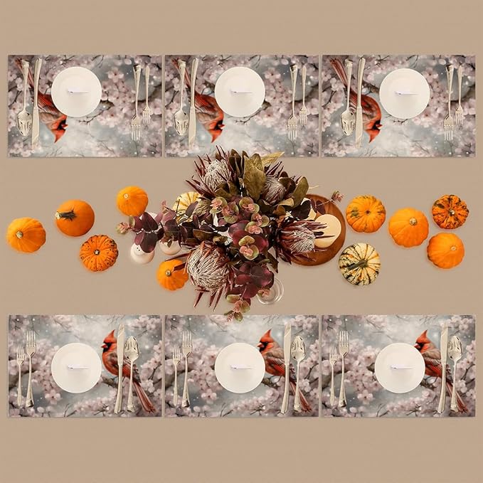 PVC Placemats Set of 1 Winter Red Cardinal Flower Wipeable Table Mats Washable Heat Resistant Non Slip Vinyl Dining Table Mat for Kithen Indoor Outdoor Patio Farmhouse Place Mats Decorative