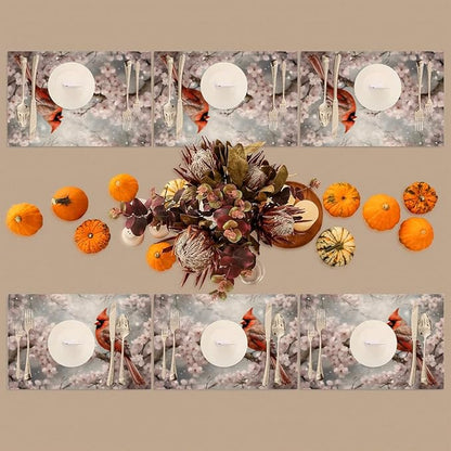 PVC Placemats Set of 1 Winter Red Cardinal Flower Wipeable Table Mats Washable Heat Resistant Non Slip Vinyl Dining Table Mat for Kithen Indoor Outdoor Patio Farmhouse Place Mats Decorative