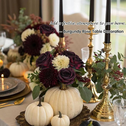 Felice Arts 12 Pack Burgundy Roses Artificial Flowers with Black Stems Silk Roses Fake Gothic Flowers Bouquet for Halloween Wedding Centerpiece Table Vase Home Indoor Kitchen Party DIY Vampire Decor