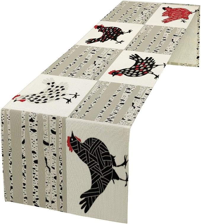 Farmhouse Rooster Table Runner, Rustic Farm Animals Funny Chicken Dinner Runner for Country Farmhouse Home Kitchen Dinner Table Party Decoration 13x90in