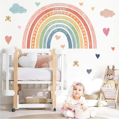 Rainbow Wall Decal Kids Inspirational Wall Stickers Watercolor Rainbow Wall Decals for Nursery Pastel I Am Decor Motivational Vinyl Walls Sticker for Kids Bedroom Playroom,20.6"x34"