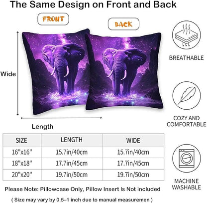 Elephant Throw Pillow Covers 18x18 Set of 2 | Wild Animal Decorative Cushion Covers | Purple Print Pillow Cases for Sofa and Bed Room | Jungle Themed Home Decor