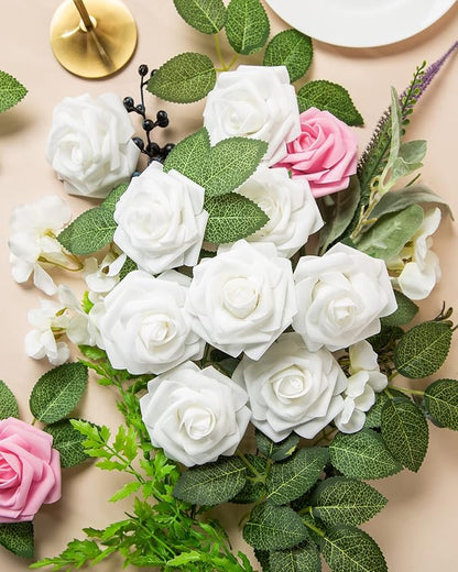 DuHouse 25Pcs Artificial Roses Flowers Fake Roses with Stems Real Touch Foam Flowers for DIY Wedding Bouquet Baby Shower Centerpiece Floral Arrangement Party Home Decor(White)