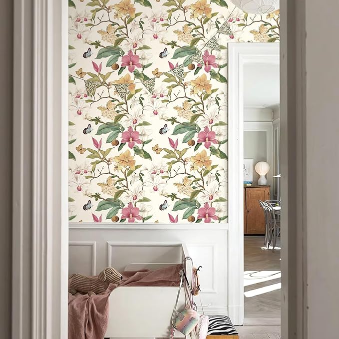 Vintage Floral Peel and Stick Wallpaper Floral Contact Paper 16.9inchx118.1inch Multicolor Flowers Butterfly Wallpaper Leaf Boho Self Adhesive Removable Wall Paper for Bedroom Decorative