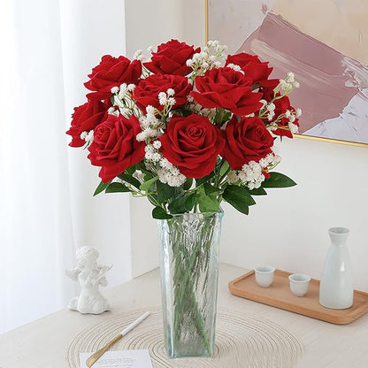 Waipfaru 20 Pcs Fake Red Roses Babys Breath Artificial Flowers Bulk, Silk Red Rose Faux Babys Breath with Long Stems for Wedding Bouquet Vase Flower Arrangement
