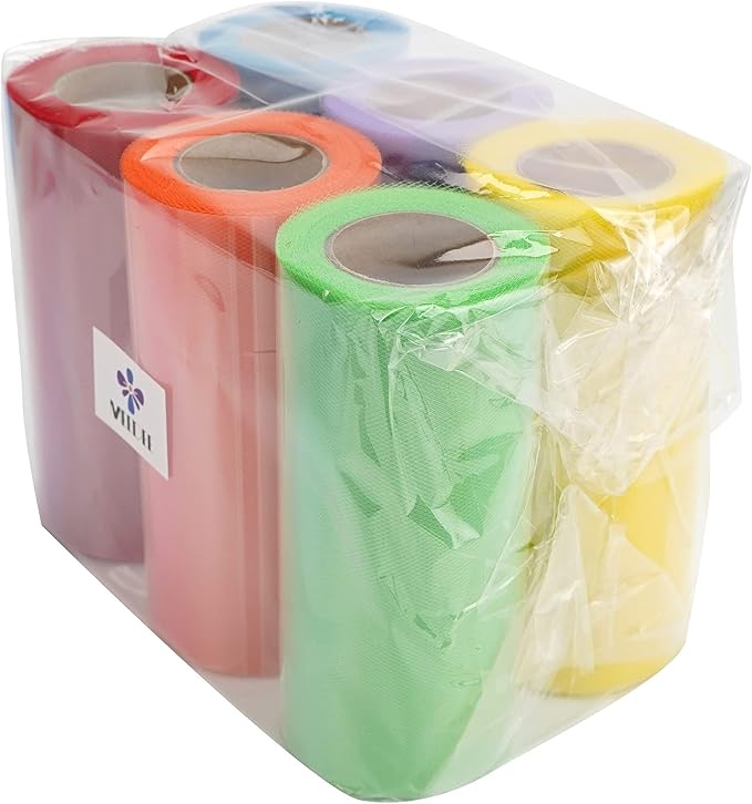 MEEDEE Rainbow Tulle Ribbon 6 Colors Roll Tulle Fabric Rainbow Spool Ribbon for Tutus Wedding Decorations Party Decorations Gift Wrapping Skirt Dress (6 inch by 25 Yards/Roll)
