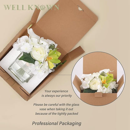 WELL KNOWN Fake Flowers in Vase, Mixed Artificial Flower with Fake Water in Glass Vase Realistic Hydrangea Calla Lily Ranunculus Silk Faux Floral Centerpiece for Coffee Dining Table Office Decor White