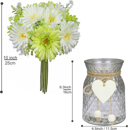 Artificial Daisy Flowers Vases for Table Centerpiece Decor, Lifelike Fake Silk Spring Flowers, Perfectly Mimics Real Daisy and Spring Blooms (Green & White with Glass Vase)