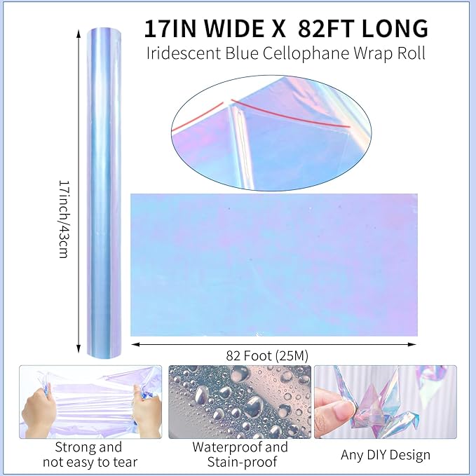 woric Iridescent Cellophane Wrap for Gift Baskets 82 Ft X 17 In Cellophane Wrap Roll Gift Basket Wrapping Plastic for Christmas Candy Basket Treats Flower Birthday Gifts DIY Crafts (Iridescent Blue)