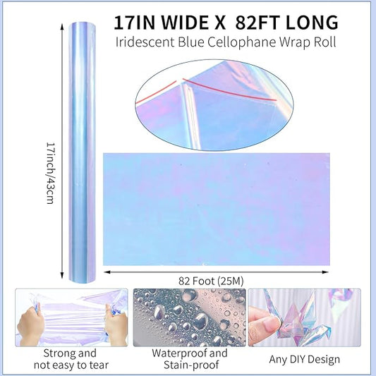 woric Iridescent Cellophane Wrap for Gift Baskets 82 Ft X 17 In Cellophane Wrap Roll Gift Basket Wrapping Plastic for Christmas Candy Basket Treats Flower Birthday Gifts DIY Crafts (Iridescent Blue)