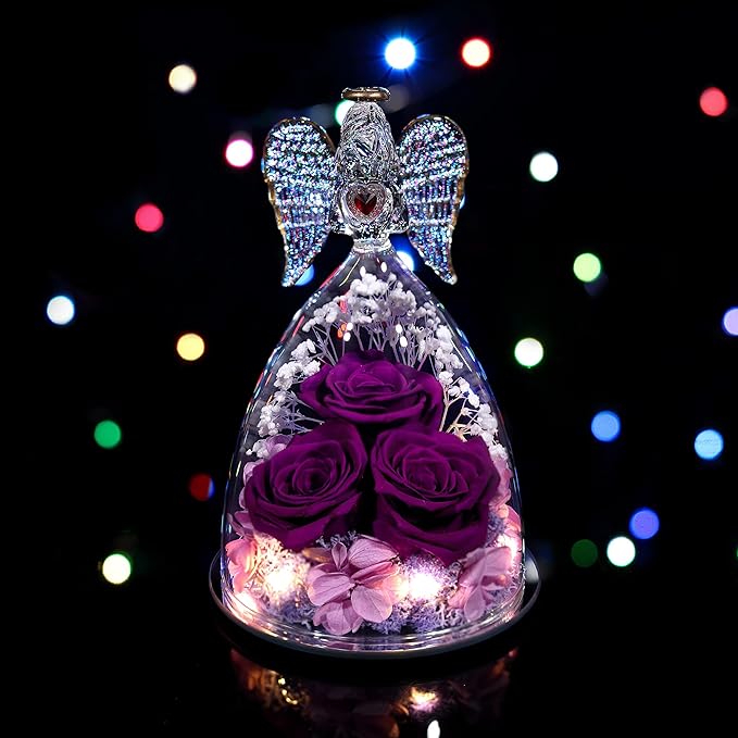 Mothers Day Rose Gifts for Women, Large Angel Figurines with Real Roses, Preserved Real Flower Rose for Her - Purple