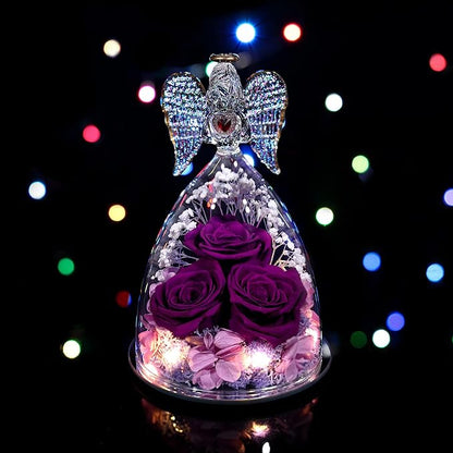 Mothers Day Rose Gifts for Women, Large Angel Figurines with Real Roses, Preserved Real Flower Rose for Her - Purple