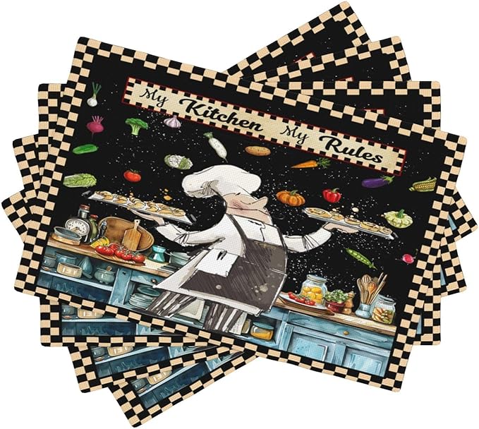 Gourmet Chef Placemats Vintage Rustic Plaid Cutlery Knives Cooking Vegetables Fruits Kitchen Utensils ation Placemats Table Kitchen Dining Party 12x18 Inch Set of 4