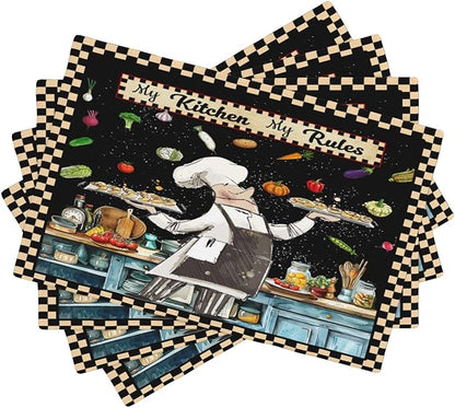 Gourmet Chef Placemats Vintage Rustic Plaid Cutlery Knives Cooking Vegetables Fruits Kitchen Utensils ation Placemats Table Kitchen Dining Party 12x18 Inch Set of 6