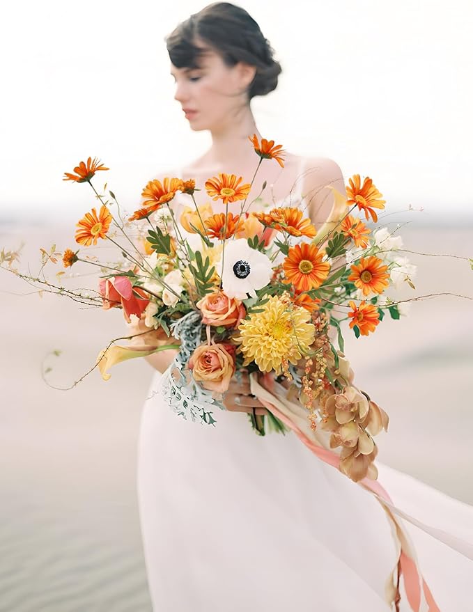 6PCS Orange Daisies Artificial Flowers 36 Heads 29.52”Realistic Fake Daisies with Stems for Tall Vase Wedding Party Outdoor Arrangement Aisle Room Porch Home Decor(Orange)