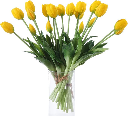 20PCS Yellow Fake Tulips Artificial Flowers Real Touch Latex Faux Tulips UV Resistant Fake Flowers Bouquet for Table Home Decor Party Wedding Garden Decoration