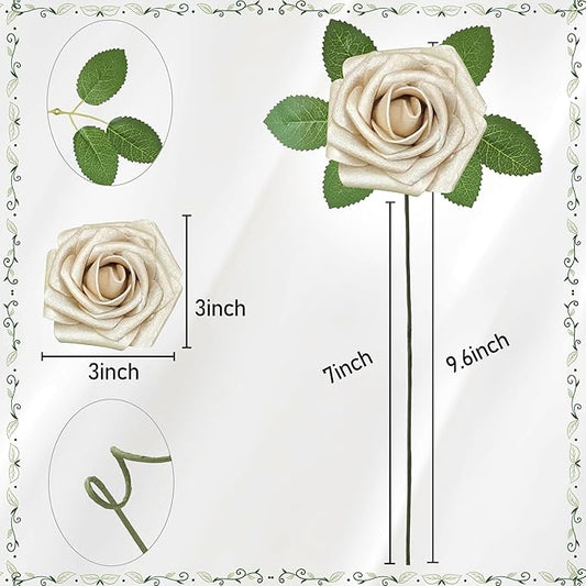 Artificial Flowers, 50pcs Champagne Light Gold Rose for DIY Wedding Bouquets Centerpieces Arrangements, Artificial Rose with Stem for Bridal Shower Party Home Decorations