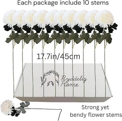 Large Faux Kiku Flower White - 10 Stems, Bulk Silk Flowers For Home Decor Indoor, Realistic Artificial Flowers, Fake White Flowers, Real Touch Flowers, Flores Artificiales Para Centro De Mesa