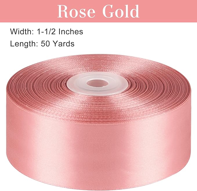 1-1/2 Inches 50 Yards Rose Gold Satin Ribbon, Solid Fabric Ribbon Roll for Flower Bouquets, Gift Wrapping, Wedding, Handmade Crafts