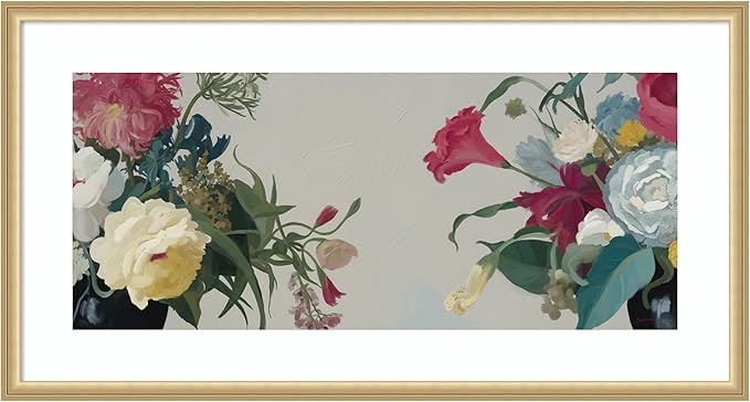 Kate and Laurel Framed Wall Art Print Romantic Blooms by Mary Sparrow, 42 x 22, Florence Gold Frame, Traditional, Flower Art for Wall Decor