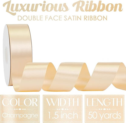 MEEDEE Champagne Satin Ribbon 1-1/2 Inch Champagne Ribbon Lux Double Faced Satin Ribbons by 50 Yards Polyester Satin Ribbons for Crafts, Wedding, Flower Bouquet, Holiday Decorating